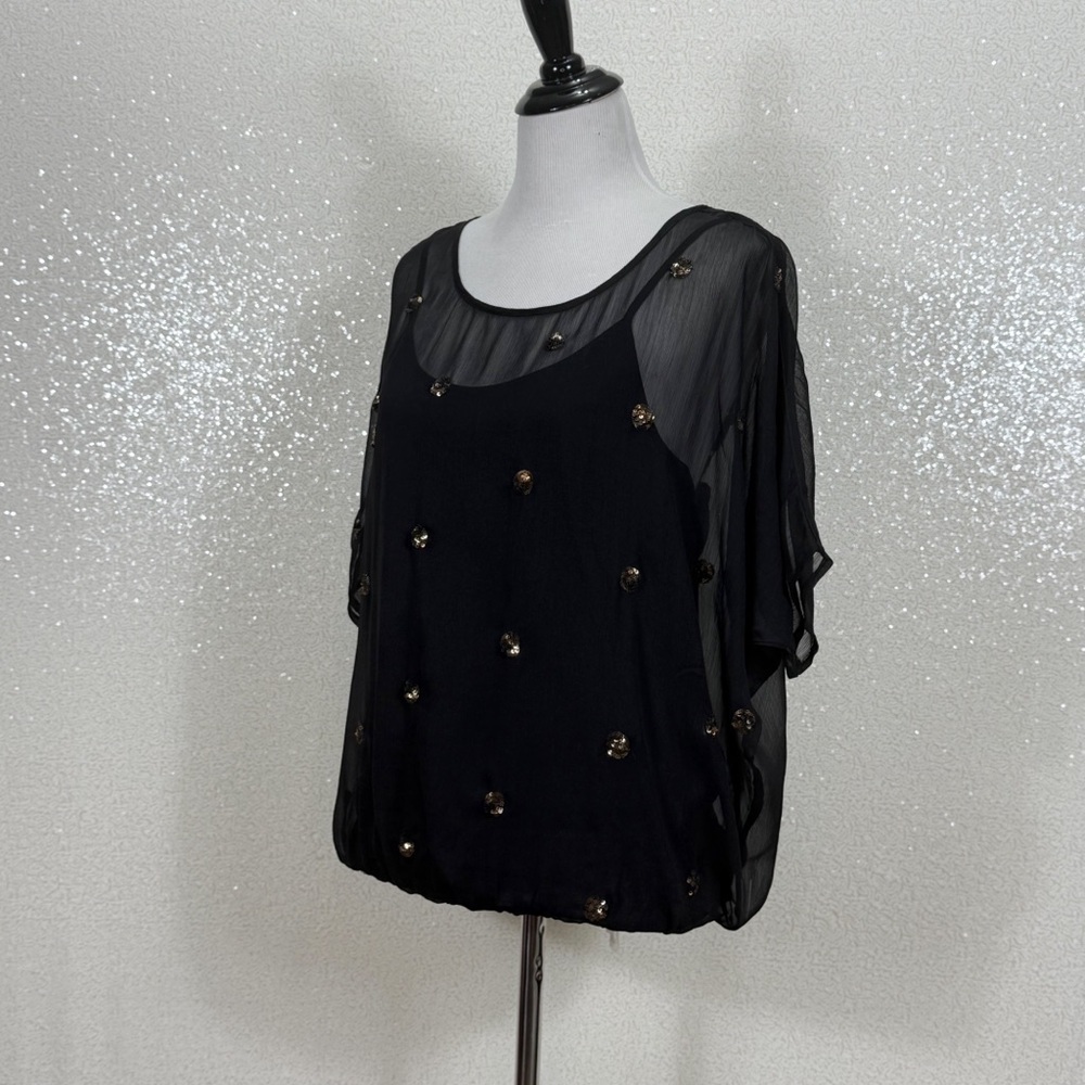 Nine West Black Sheer Chiffon Blouse Gold Sequin Overlay | Dolman Sleeve - Picture 5 of 11